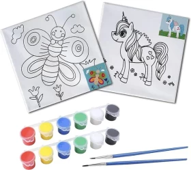 A set of Pre-Painted Canvas Paintings For Boys & Girls, Including 6 Acrylic Colors, A Butterfly And A Unicorn